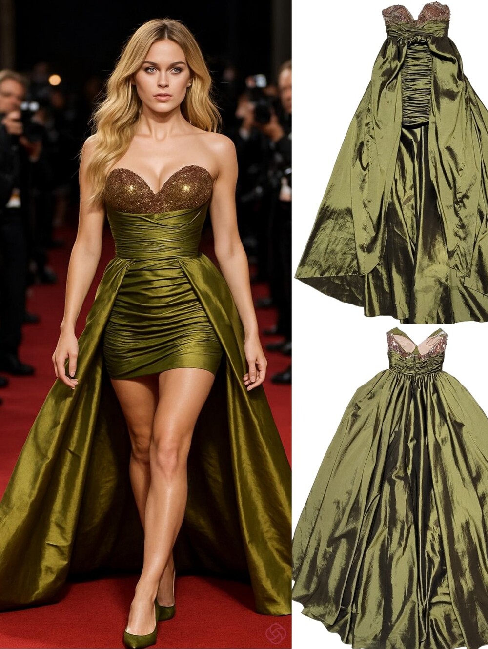 Jovani Olive Green Taffeta Bead Sweetheart Neckline Ruched Mini Dress Waist Cape